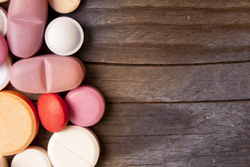 Macro photograph of various colorful medicinal pills