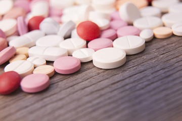 Macro photograph of various colorful medicinal pills