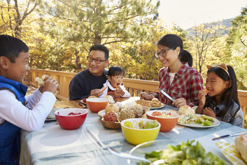 Asian family eating outside at a table on a deck in a forest