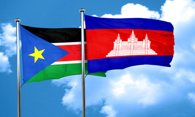 south sudan flag with Cambodia flag, 3D rendering