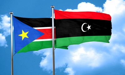 south sudan flag with Libya flag, 3D rendering