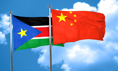 south sudan flag with China flag, 3D rendering