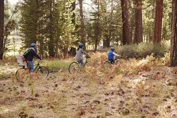 Family cycling through a forest together, side view