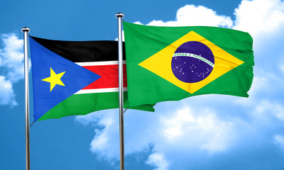 south sudan flag with Brazil flag, 3D rendering