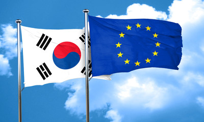 South korea flag with european union flag, 3D rendering