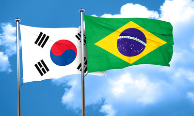 South korea flag with Brazil flag, 3D rendering