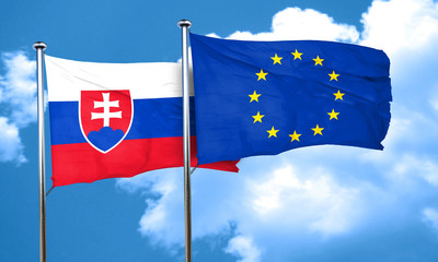 Slovakia flag with european union flag, 3D rendering