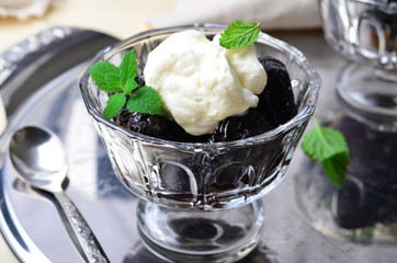 Prunes Stuffed With Walnut And Served With Whipped Cream, Traditional Moldavian Dessert