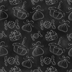 Hand drawn background with hand drawn gifts, cake, candy on the black chalkboard. Series of Cartoon, Doodle, Sketch and Hand drawn Seamless Patterns.