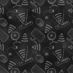 Hand drawn with monitor, wifi router and web camera on the black chalkboard. Series of Technology, Cartoon, Doodle, Sketch and Hand drawn Seamless Patterns.