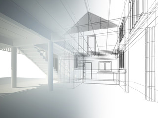 sketch design of interior space ,3d wire frame render