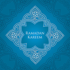 Vector dotted arabesque in white on the blue background with ornamental corners. Background in Arabic style for Ramadan. Ornamental Islamic decor in dotwork style. Ramadan Kareem greeting design.