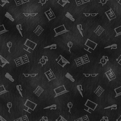 Hand drawn background with notebooks, pens, pencils, glasses and books on the black chalkboard. Hand sketch drawing. Imitation of ink pencilling. Series of Hand Drawn Patterns.