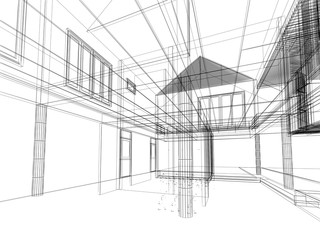 sketch design of interior space ,3d wire frame render