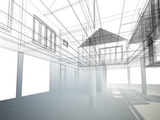 sketch design of interior space ,3d wire frame render