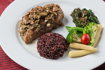 Food series : Grilled chicken breast with herbs, served with rice berry and fresh vegetable, Thai food