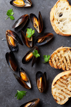 Mussels and bread toasts