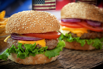 American 4th of July Cheeseburgers with copy space 