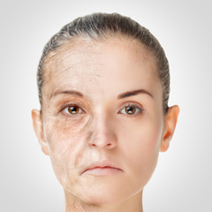 Fototapeta premium Aging process, rejuvenation anti-aging skin procedures old and young concept