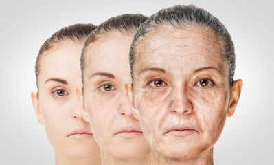 Aging process, rejuvenation anti-aging skin procedures old and young concept