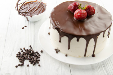 The process of making chocolate Cake filled with glaze. Birds milk.