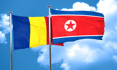 Romania flag with North Korea flag, 3D rendering