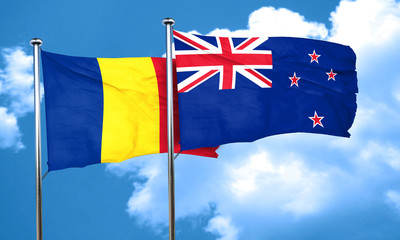 Romania flag with New Zealand flag, 3D rendering