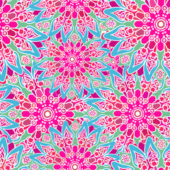 Seamless colorful pattern. Oriental style. Fabric or wallpaper texture. Ethnic Mandala forms. Islam, Arabic, Indian motifs. Abstract Tribal vector. Floral background. Creative elements. Bright pink.
