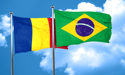 Romania flag with Brazil flag, 3D rendering