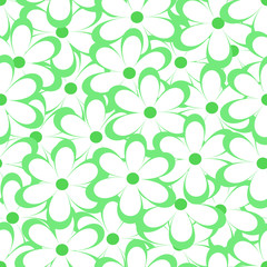 Seamless pattern. Vector illustration with flowers. Vintage floral print. Field of cute daisies. Textile design with green chamomiles on white background. Spring or summer template. Surface texture. 