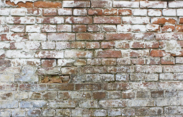 Old grungy wall with white and red bricks for background. Cracked brickwall texture.