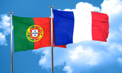Portugal flag with France flag, 3D rendering