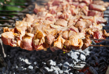 Cooking meat on the fire.