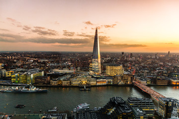 View on London at sunset, vibrant sky.