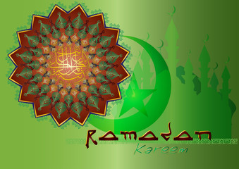 Ramadan Kareem - islamic muslim holiday celebration background with Oriental Arabic style round mandala ornament or arabesque with floral pattern and Kur'an arabic calligraphy,