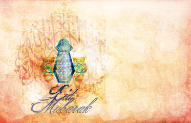 Eid Mubarak - islamic muslim holiday background or greeting card, with ornamental arabic oriental calligraphy, and eid holiday famous lanterns, abstract artistic vintage grunge.