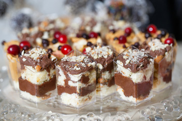 Sweet Dessert. Chocolate, nuts and berry pudding in small plasti