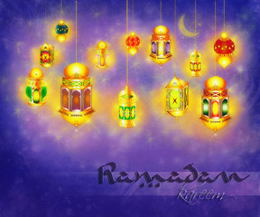 Ramadan Kareem - islamic muslim holiday blessing background or greeting card, with hanging oriental eid lamps and lanterns