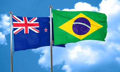 New zealand flag with Brazil flag, 3D rendering