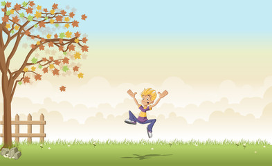Naklejka na ściany i meble Green grass landscape with cartoon teenager boy jumping 