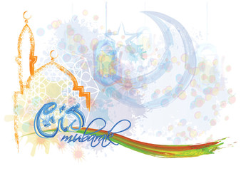 Eid Mubarak - Blessed holiday. Artistic abstract watercolor islamic muslim holiday background with mosque and color splash grunge, with crescent with a star and eid lanterns, crescent with a star.