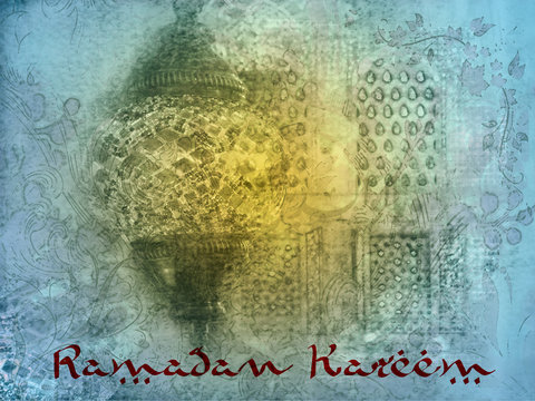 Ramadan Kareem - Ramadan Background abstract artistic painting of mosque windows with arabic arabesque pattern, eid lantern and arabic calligraphy. Greeting card or wallpaper background.