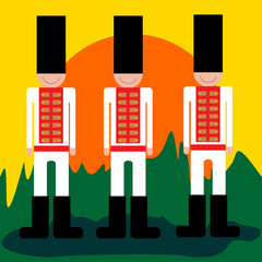 British Royal guards stand guard in suits and hats