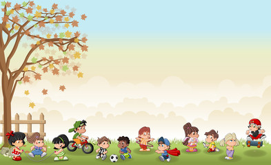 Green grass landscape with cute cartoon kids playing. Sports and recreation.