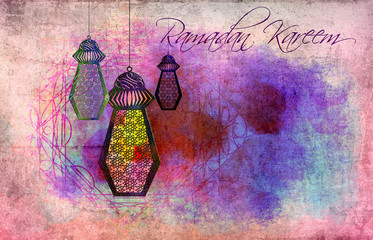 Ramadan Kareem - islamic muslim holiday background or greeting card, with ornamental arabic oriental calligraphy, and eid holiday fanous lanterns, abstract artistic color splash grunge.