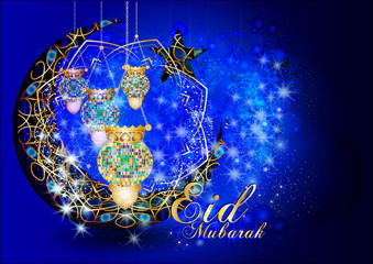 Fototapeta premium Eid Mubarak - muslim islamic holiday colorful eid fanous lanterns hanging with decorations, on a stars and sparkles dark blue night background. Eid Al-Fitr festival.