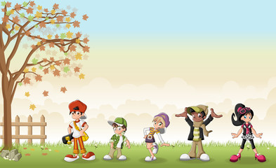 Obraz na płótnie Canvas Green grass landscape with cute cartoon teenagers. 