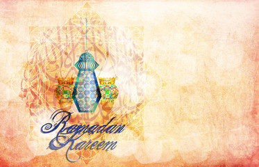 Ramadan Kareem - islamic muslim holiday celebration background with Oriental Arabic style round ornament or arabesque calligraphy, eid lanterns and copy space for text. Vintage artistic feel.