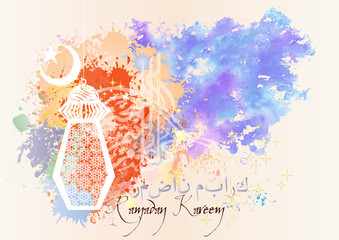 Ramadan Kareem - islamic muslim holiday background or greeting card, with ornamental arabic oriental calligraphy, and eid holiday lanterns or lamps, abstract artistic color splash grunge.