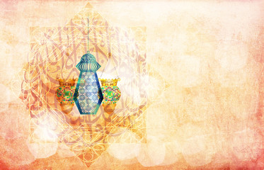 Ramadan Kareem - islamic muslim holiday celebration background with Oriental Arabic style round ornament or arabesque calligraphy, eid lanterns and copy space for text. Vintage artistic feel.